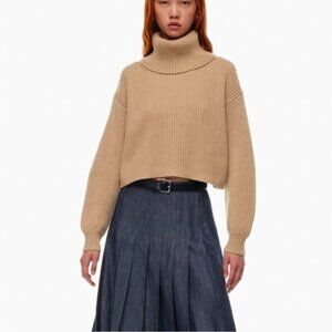 Babaton Aritzia 100% Cashmere Turtleneck Sweater XS Beige Camel Ribbed Fold Over